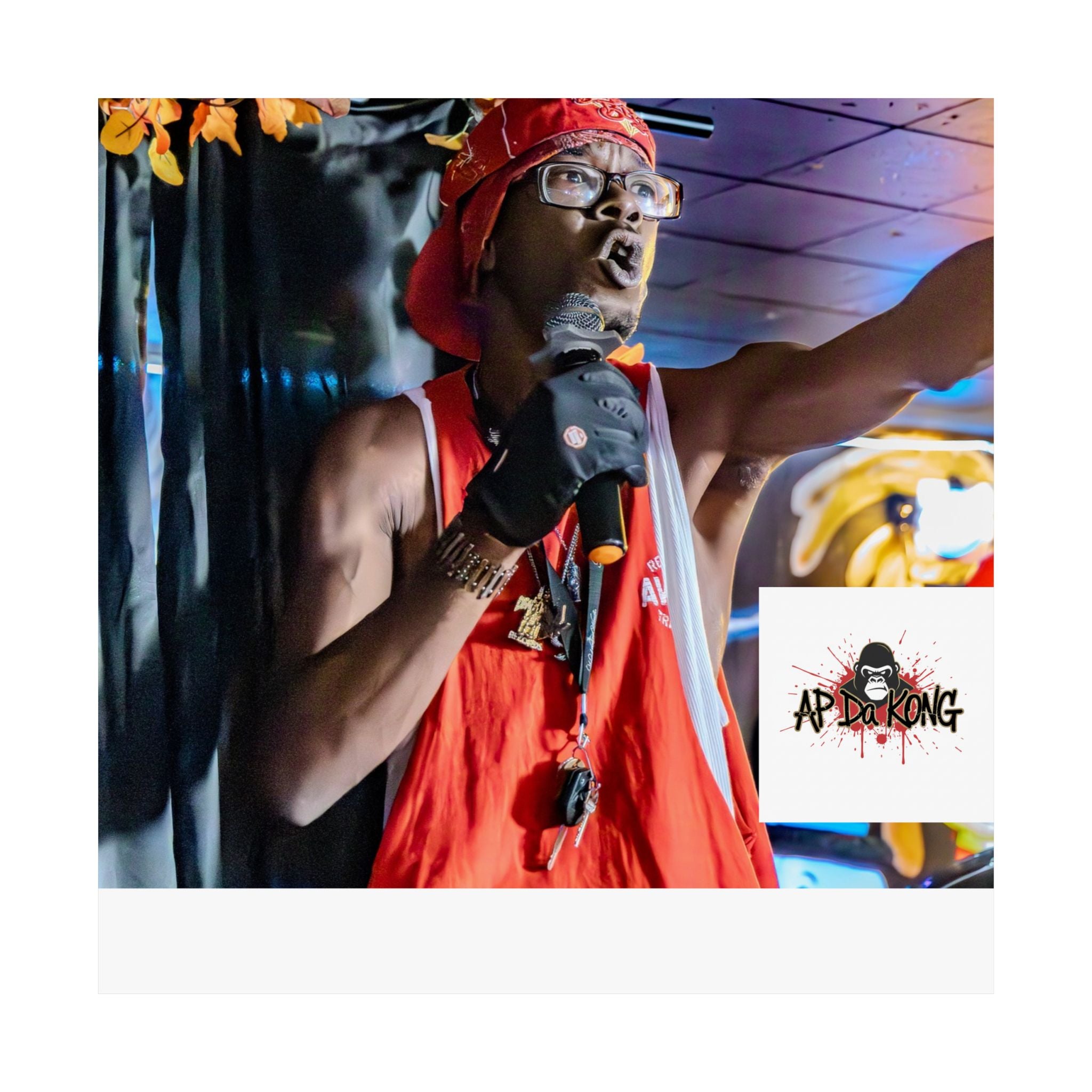 Matte Vertical Poster — Live Performer Portrait in Red Costume (Blank Polaroid Border)