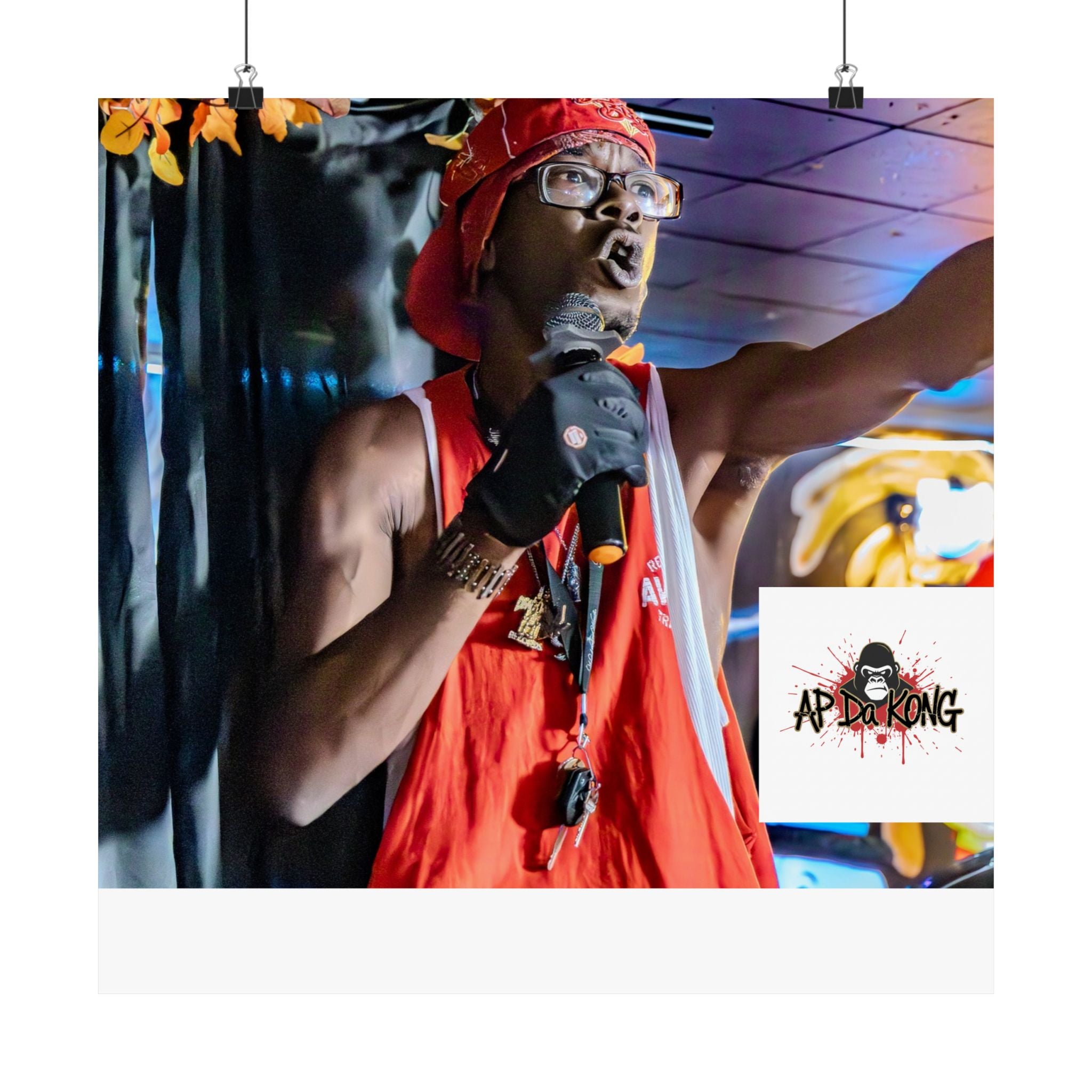 Matte Vertical Poster — Live Performer Portrait in Red Costume (Blank Polaroid Border)