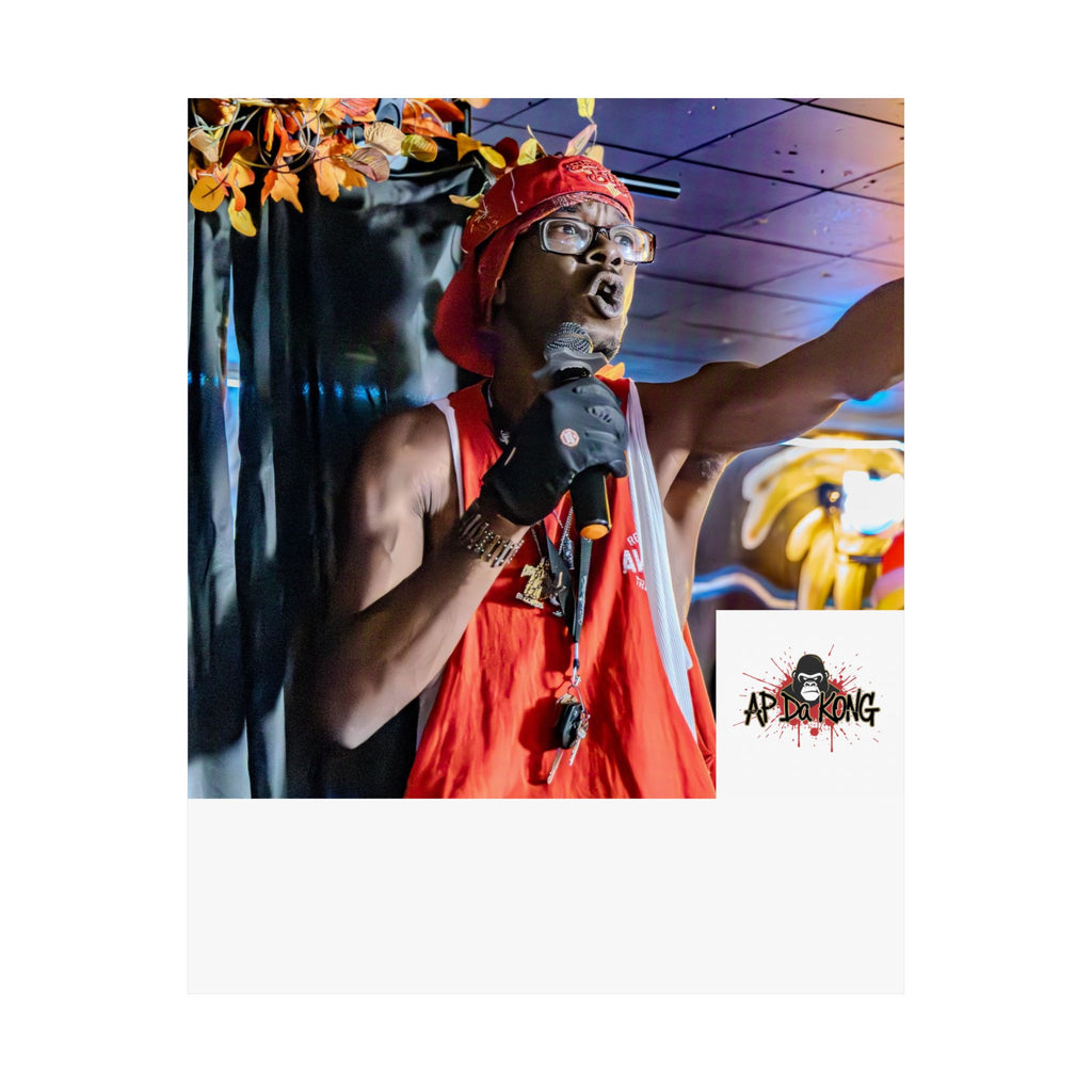 Matte Vertical Poster — Live Performer Portrait in Red Costume (Blank Polaroid Border)