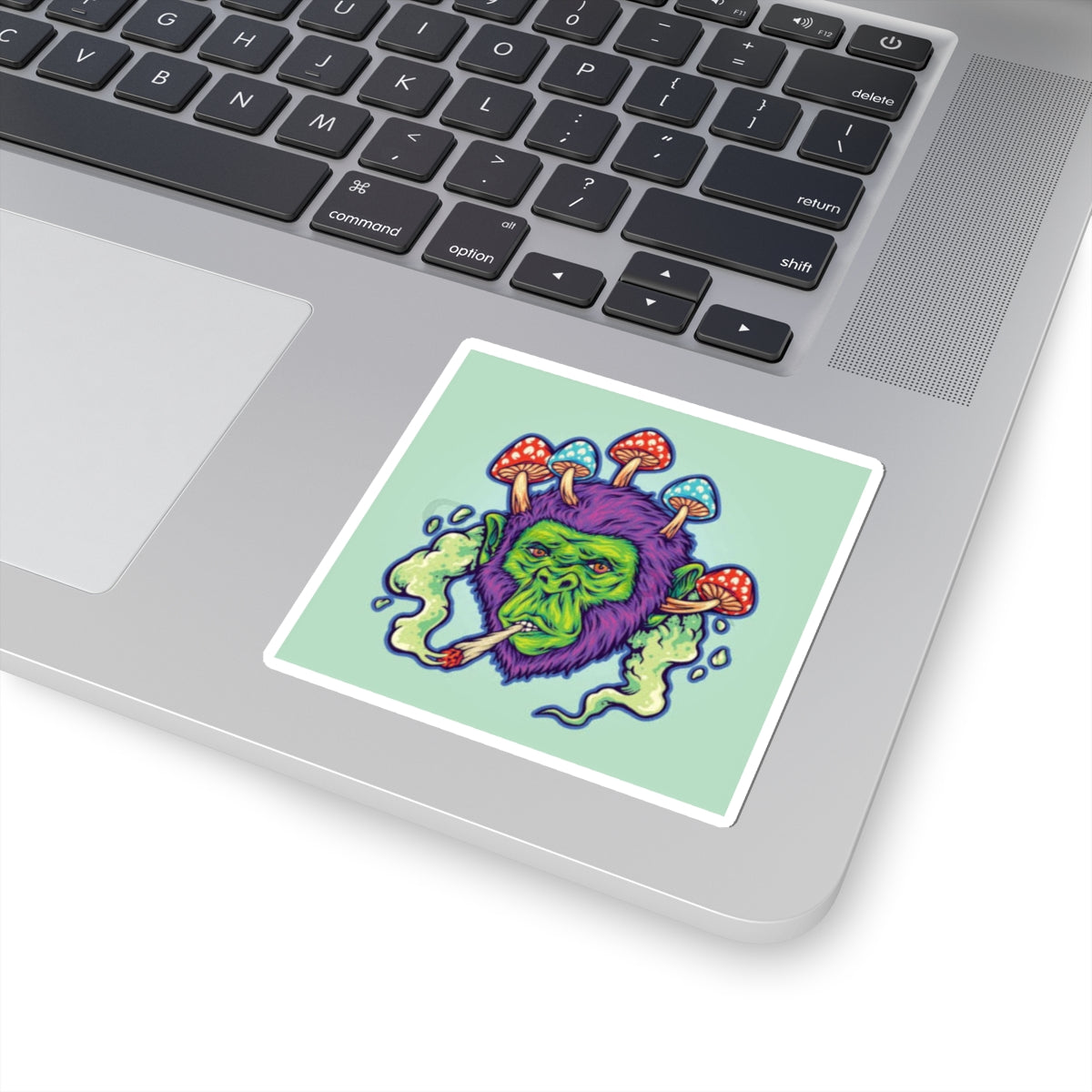 Psychedelic Mushroom Ape Sticker — Trippy Gorilla Smoking Vinyl Kiss-Cut