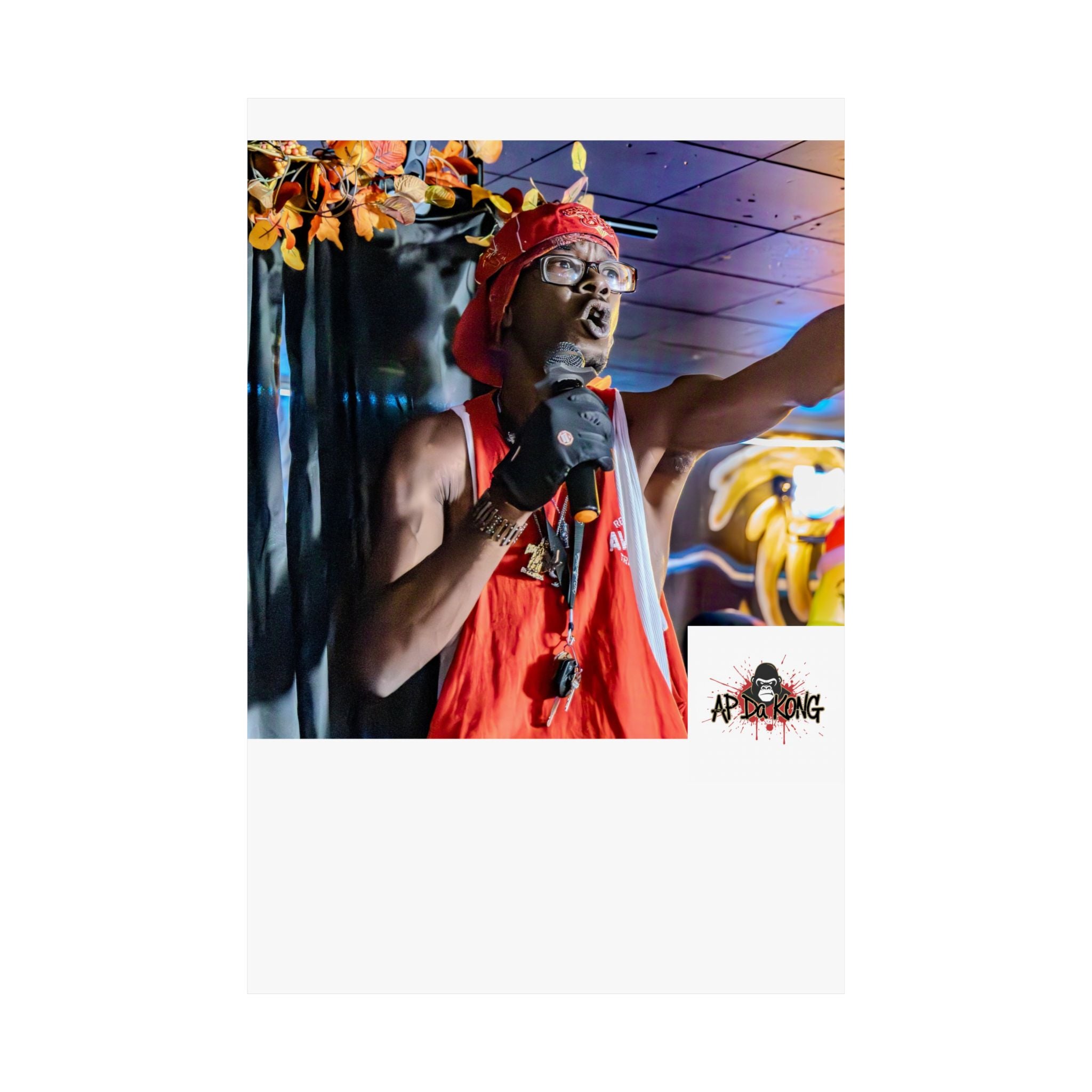 Matte Vertical Poster — Live Performer Portrait in Red Costume (Blank Polaroid Border)