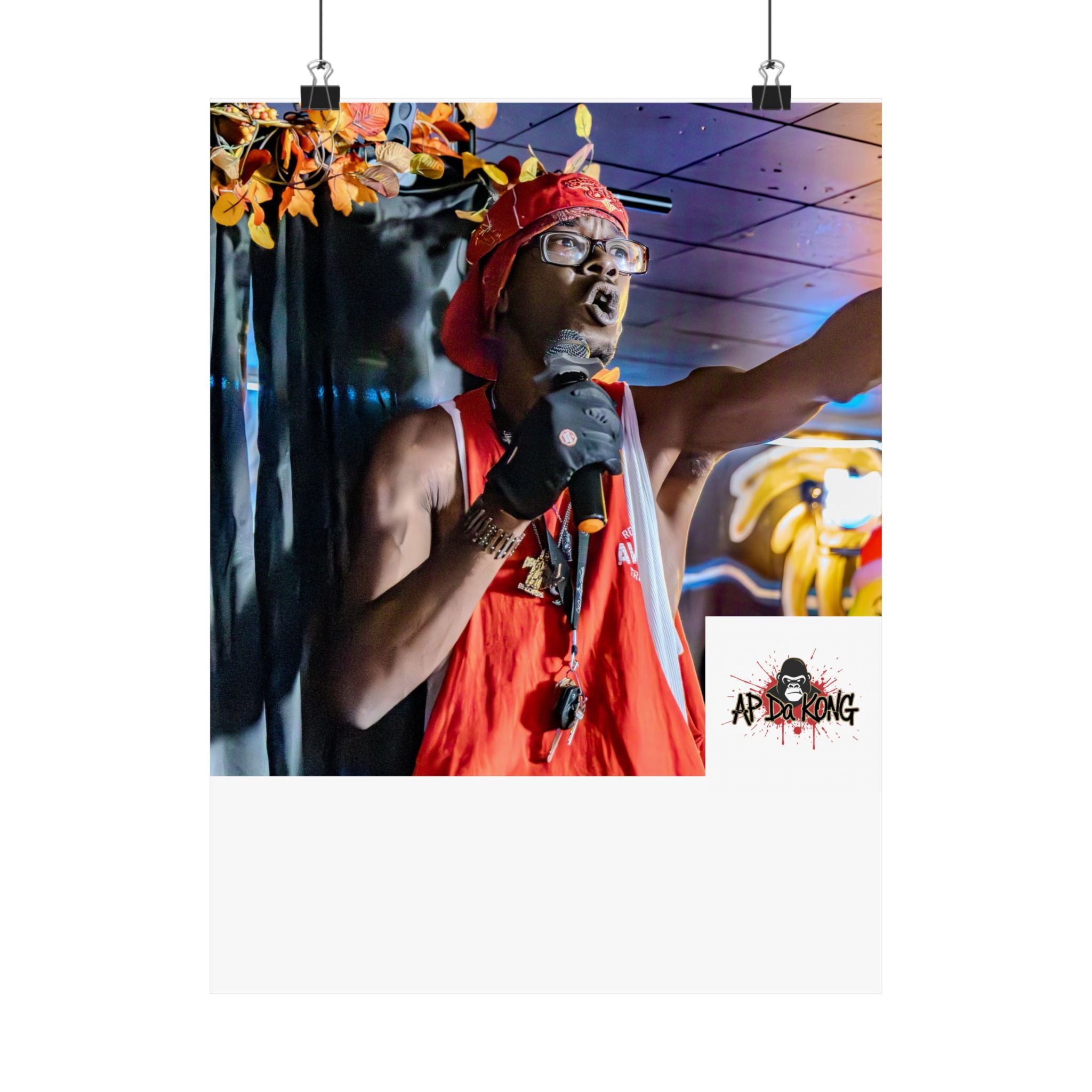 Matte Vertical Poster — Live Performer Portrait in Red Costume (Blank Polaroid Border)