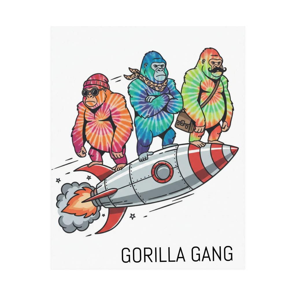 Tie-Dye Gorillas Riding Rocket Poster — Retro Space Art Matte Vertical Print