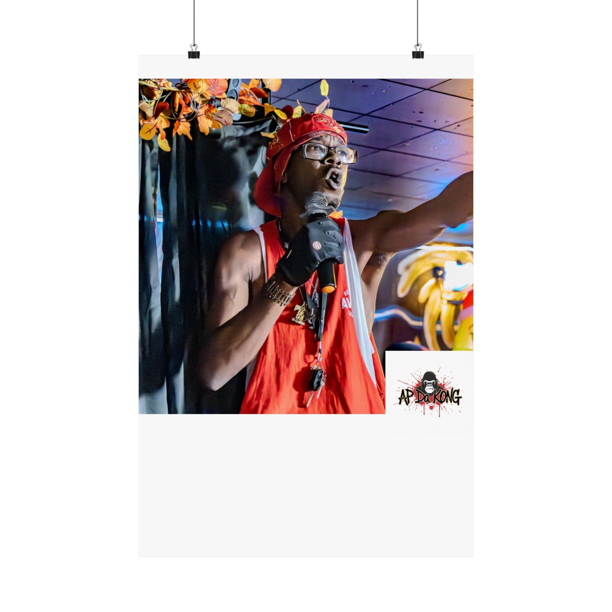 Matte Vertical Poster — Live Performer Portrait in Red Costume (Blank Polaroid Border)