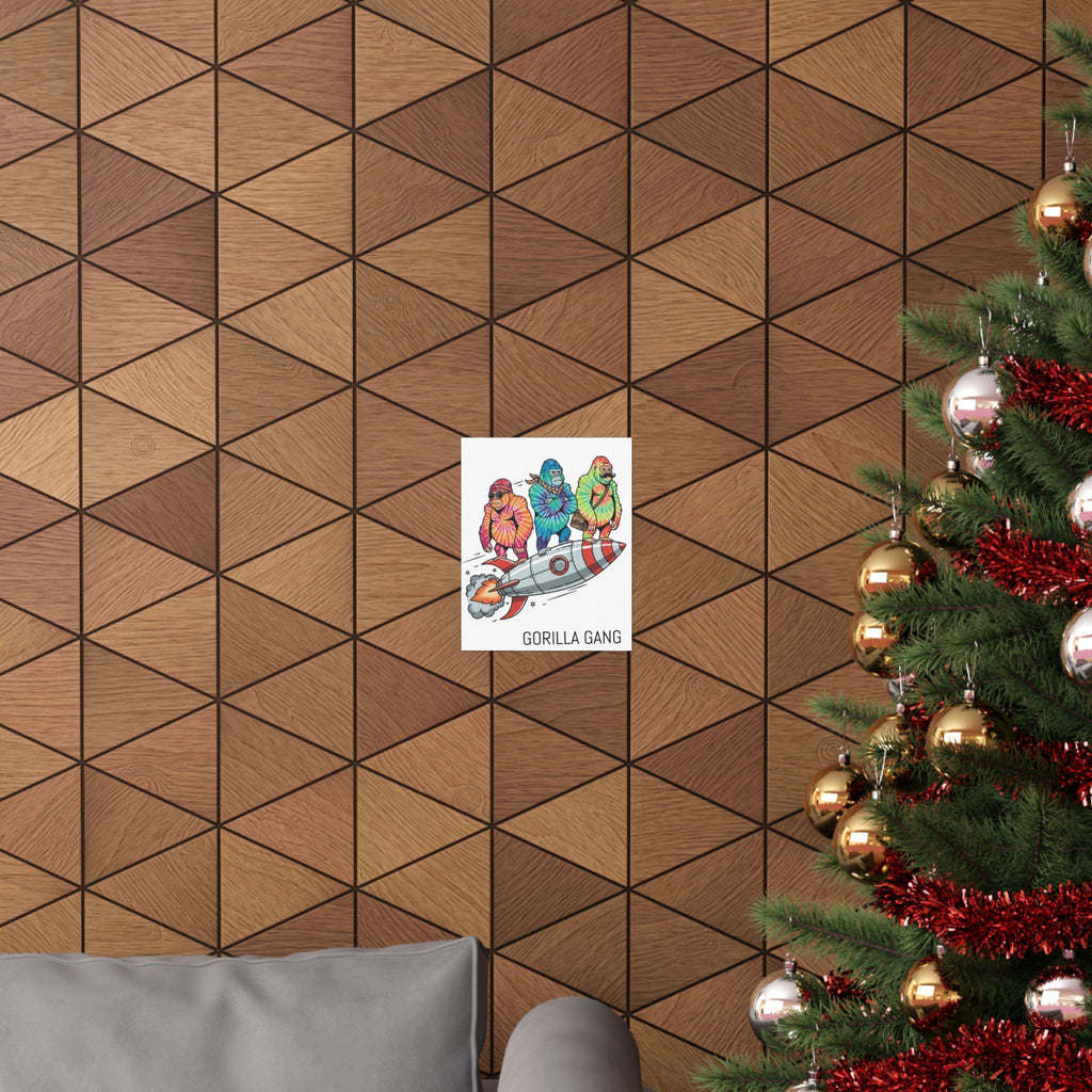 Tie-Dye Gorillas Riding Rocket Poster — Retro Space Art Matte Vertical Print