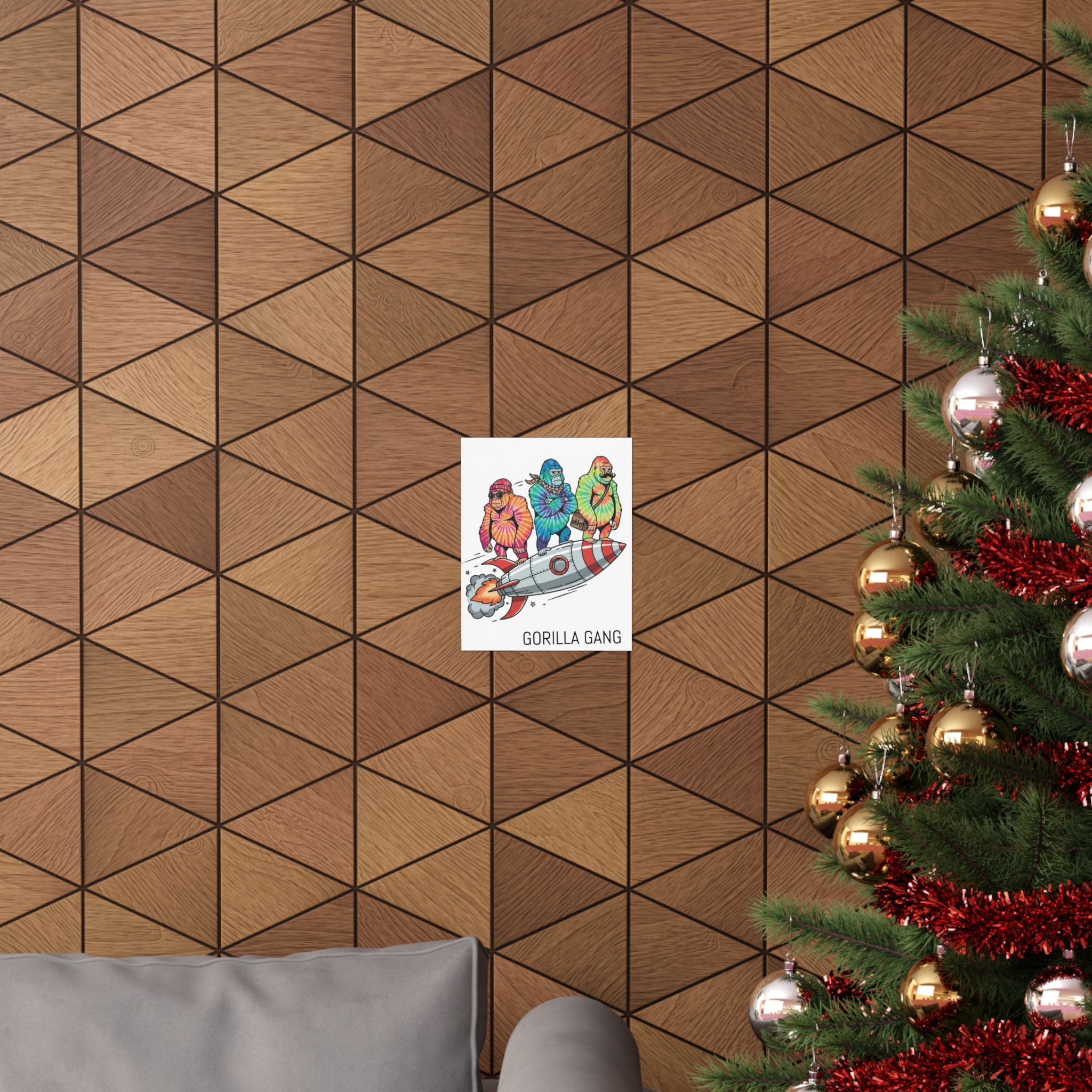 Tie-Dye Gorillas Riding Rocket Poster — Retro Space Art Matte Vertical Print