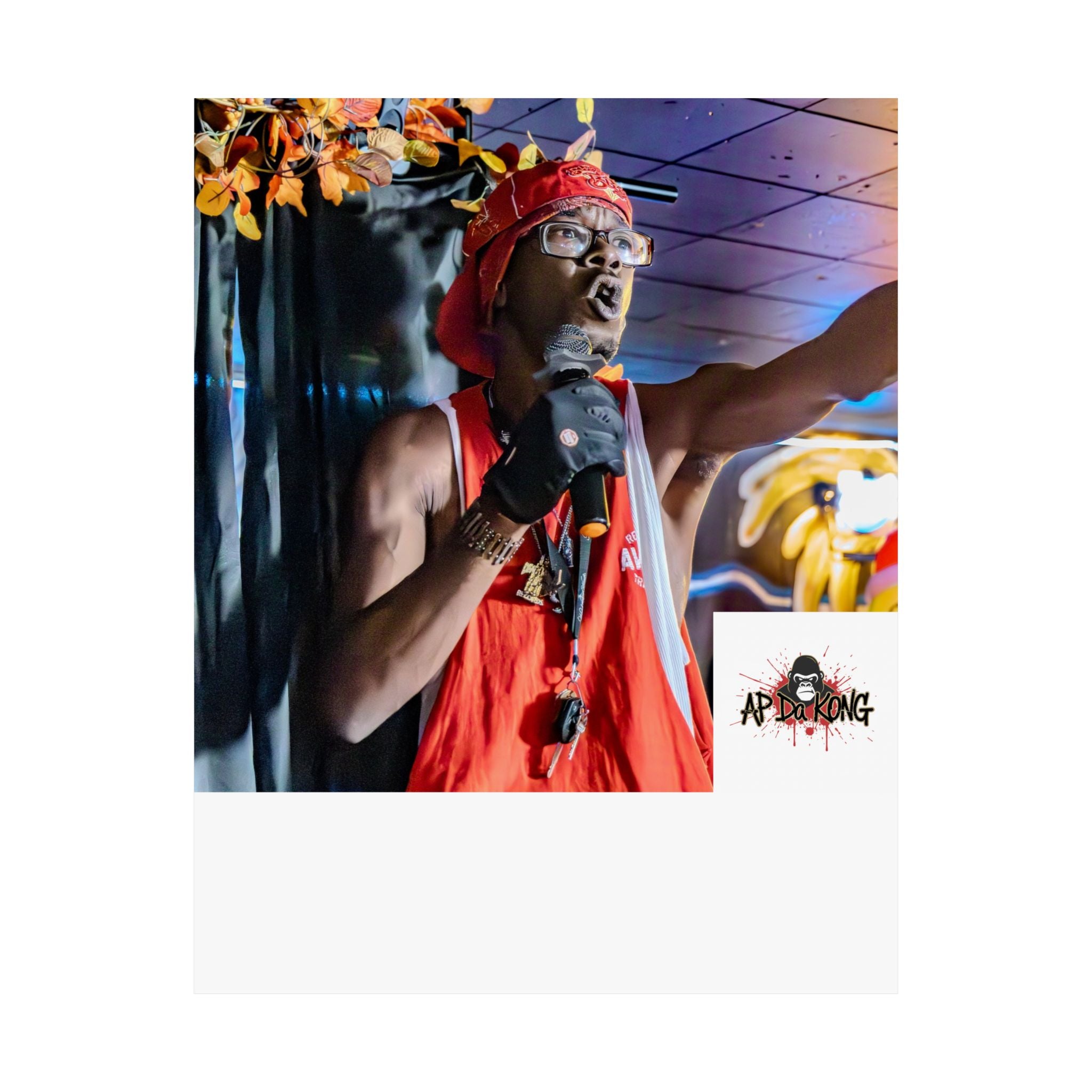 Matte Vertical Poster — Live Performer Portrait in Red Costume (Blank Polaroid Border)