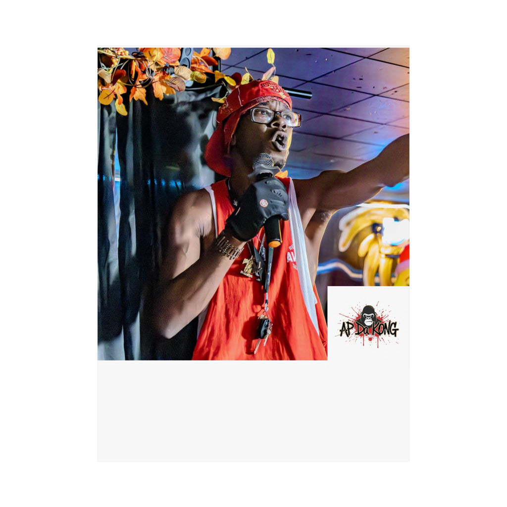 Matte Vertical Poster — Live Performer Portrait in Red Costume (Blank Polaroid Border)
