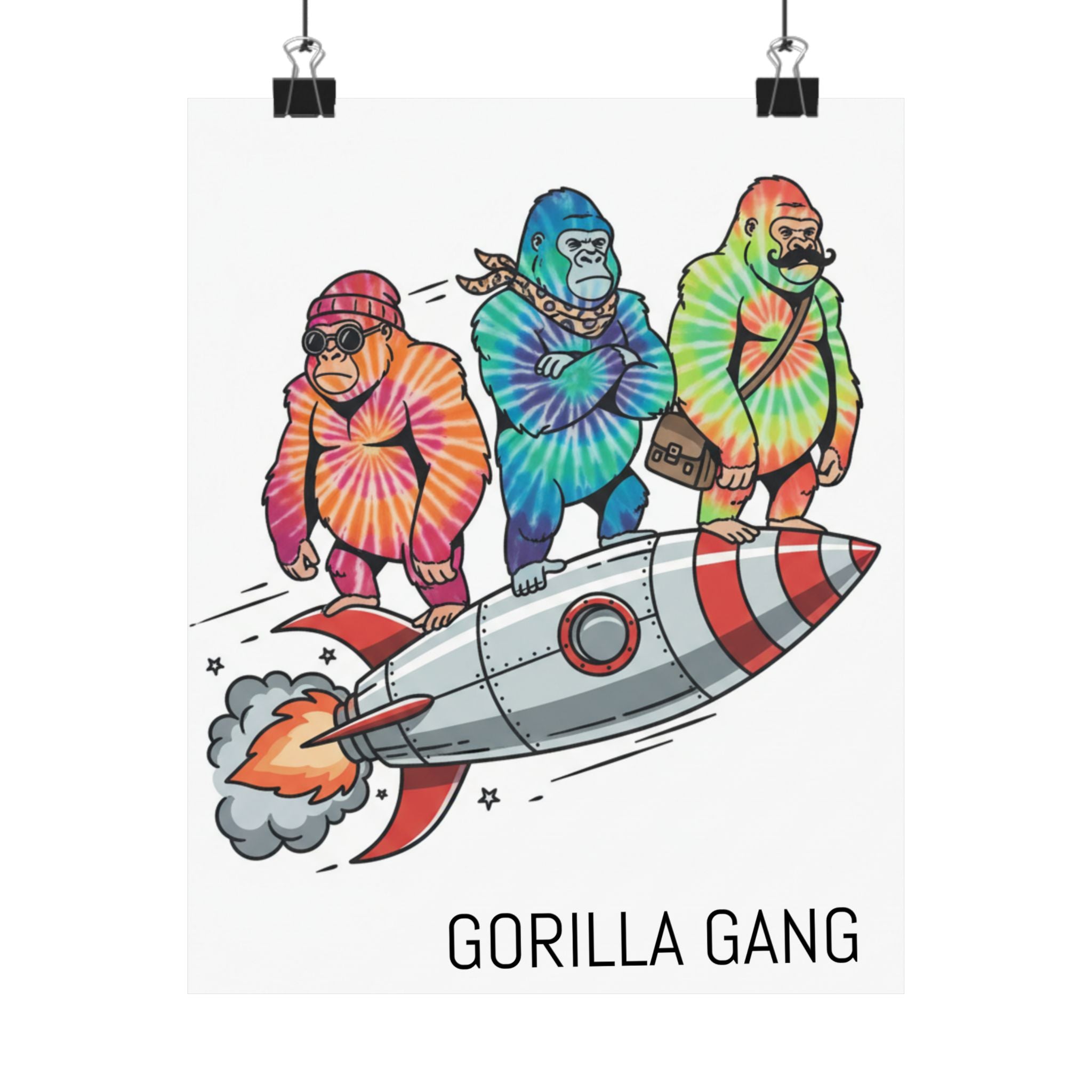 Tie-Dye Gorillas Riding Rocket Poster — Retro Space Art Matte Vertical Print